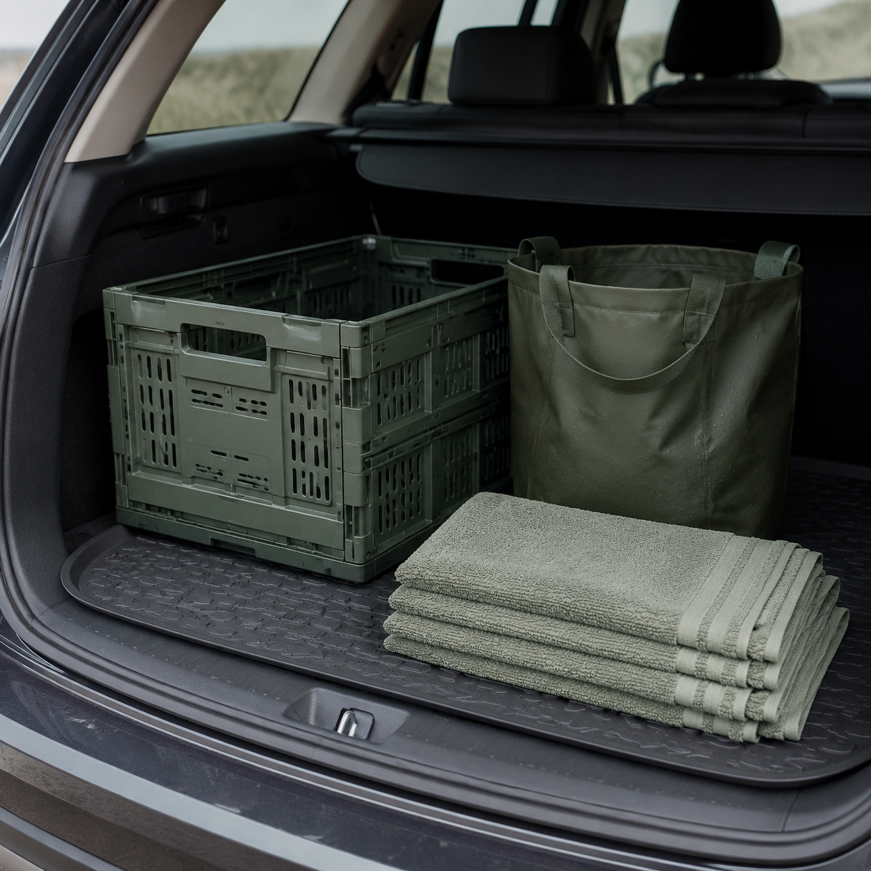 Car-to-Garden Cleanup Pack at the edge of a car boot: rubber car mat, folding storage crate, wet-items bag and dry towels.