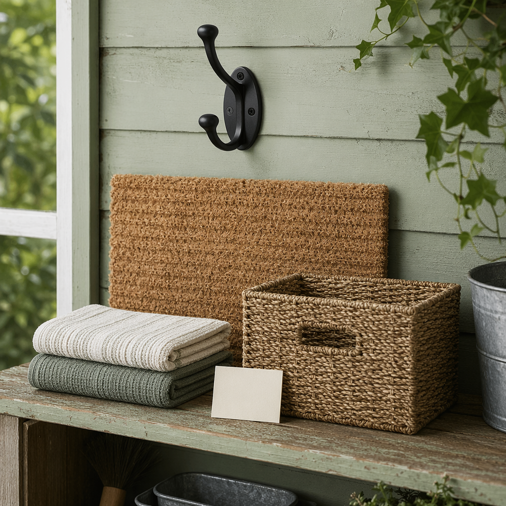 Doorstep Walk Pack laid out on a garden shed shelf: black lead hook, coir doormat, cotton towel cloth and a woven storage basket.