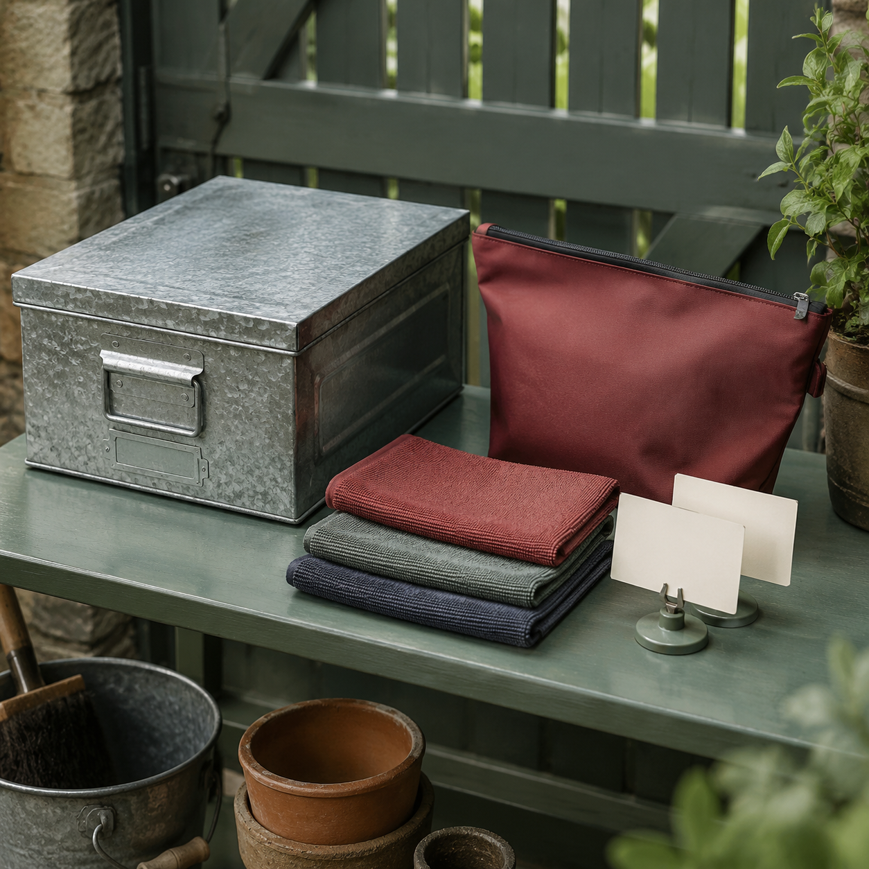 Garden Gate Storage Pack on a sage green shelf: galvanised metal storage box, cream label clips, waterproof pouch and folded cleaning cloths.